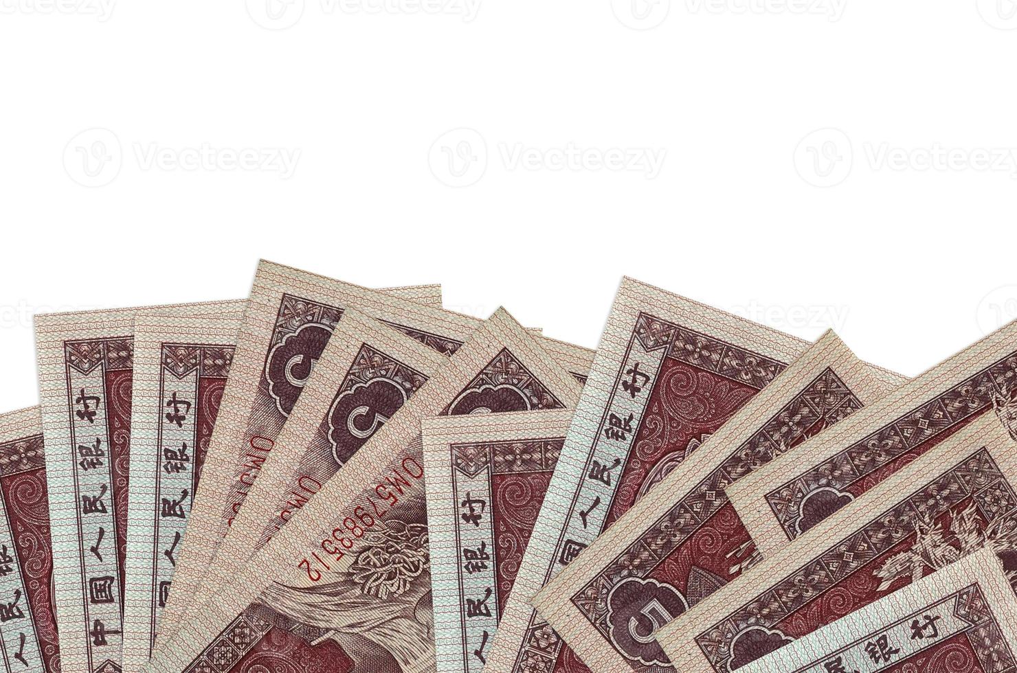 5 Chinese yuan bills lies on bottom side of screen isolated on white background with copy space. Background banner template photo