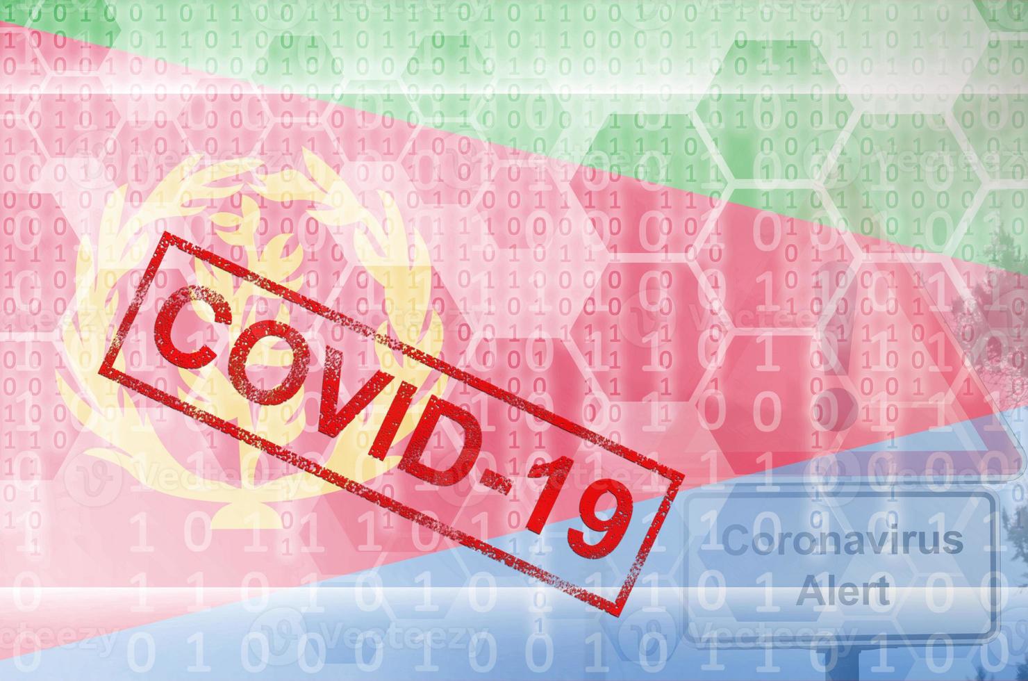 Eritrea flag and futuristic digital abstract composition with Covid-19 stamp. Coronavirus outbreak concept photo