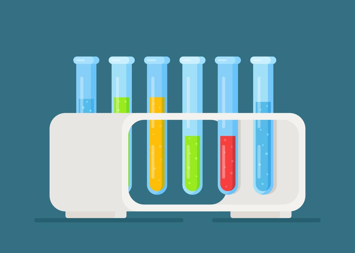 Glass test tubes with different substances. Vector illustration of test tubes in a rack. Conducting an investigation.