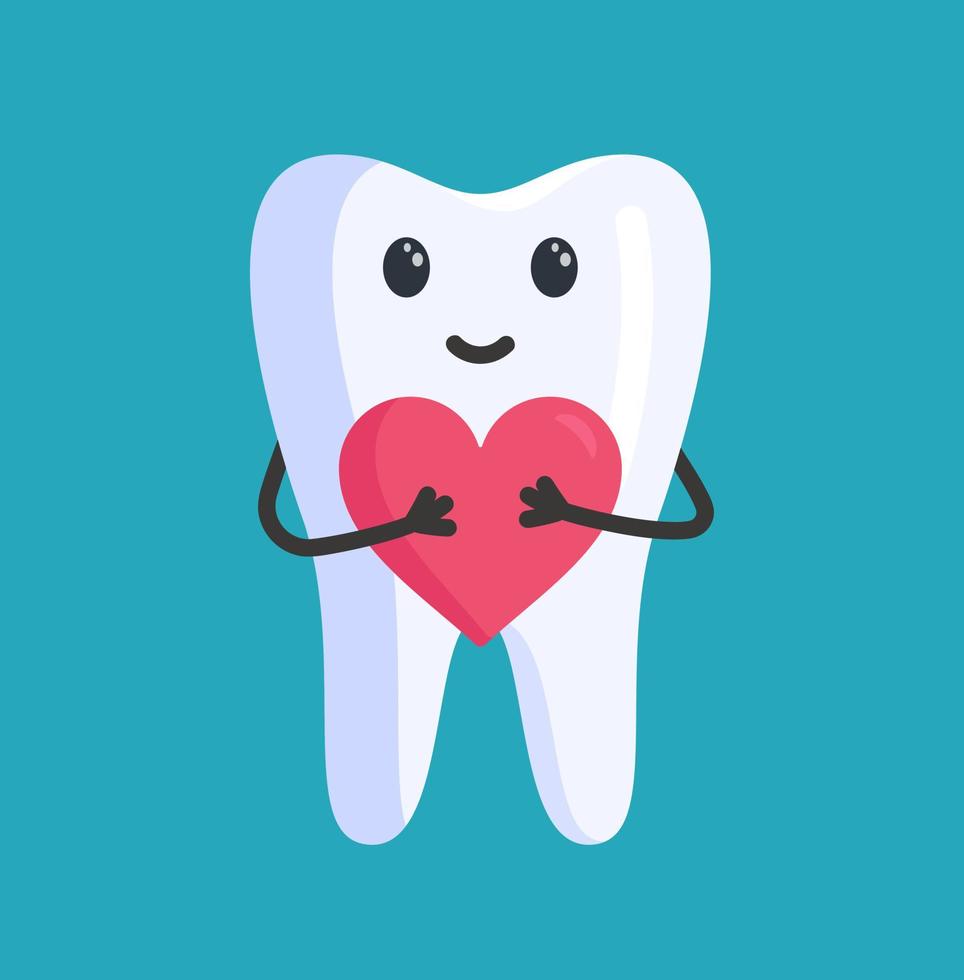 Cute and healthy tooth with a heart in the handles. Vector illustration of nice tooth. Dental advertisement. Clinic.