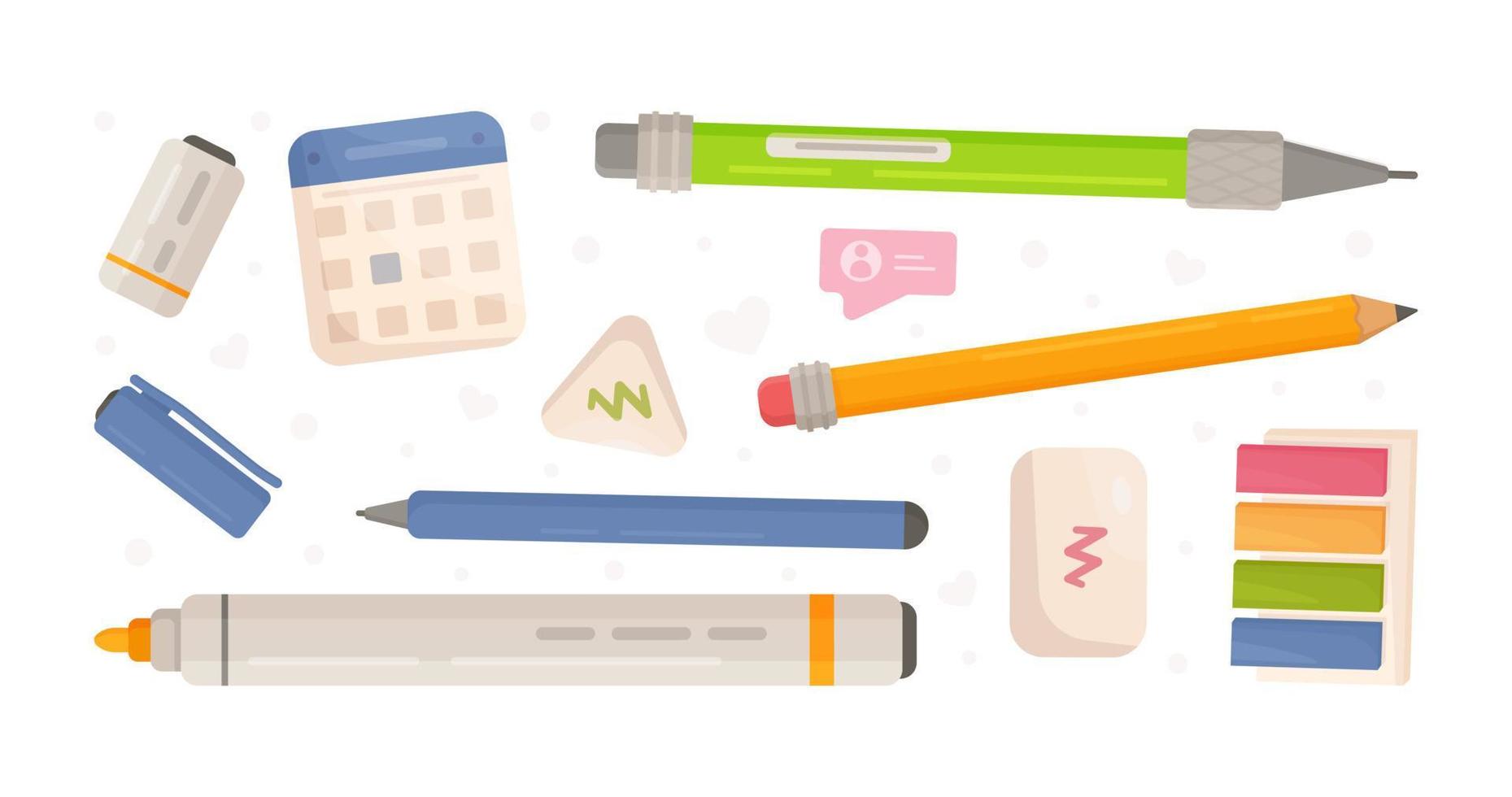 Set of various stationery products. Vector illustration of office supplies on white background. Pen, pencil, marker, eraser, bookmarks, sharpener, etc.