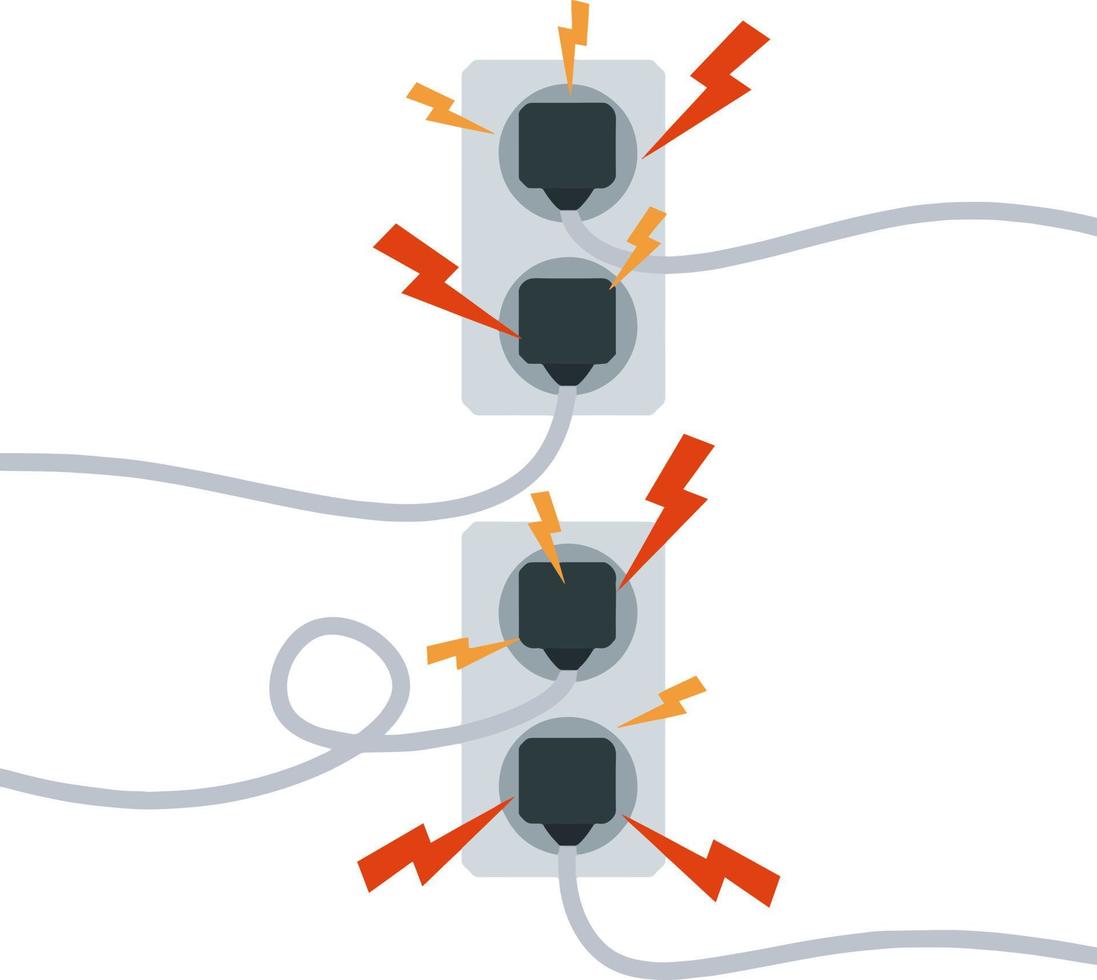 circuito eléctrico. choque, relámpagos rojos y chispas amarillas de la salida. conector y enchufe. sistema sobrecargado. el problema con el aparato. situación de incendio con humo y seguridad. vector