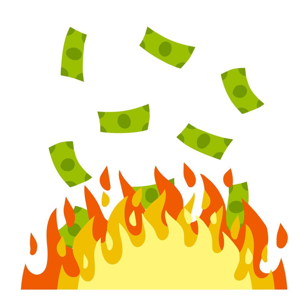Money is on fire. Concept of the economic crisis. The flame and the burning of the banknotes. Loss of cash. Cartoon flat illustration isolated on white vector