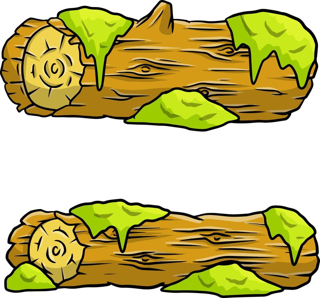 Vector brown log with green moss. Building wood material, natural element. Environment of forest. Set of cartoon illustration