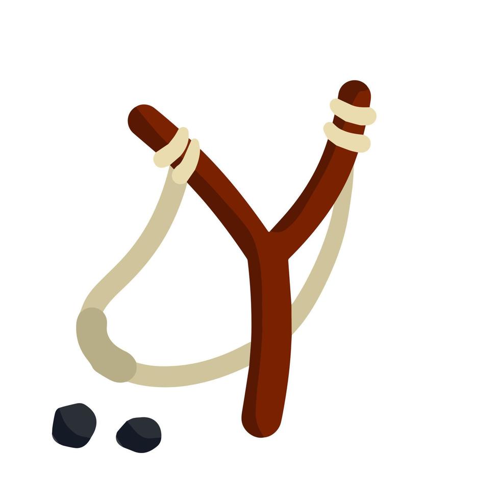 honda. catapulta de madera. juguete infantil para tirar piedras. tiro y roca pequeña. ilustración de dibujos animados plana aislada sobre fondo blanco vector