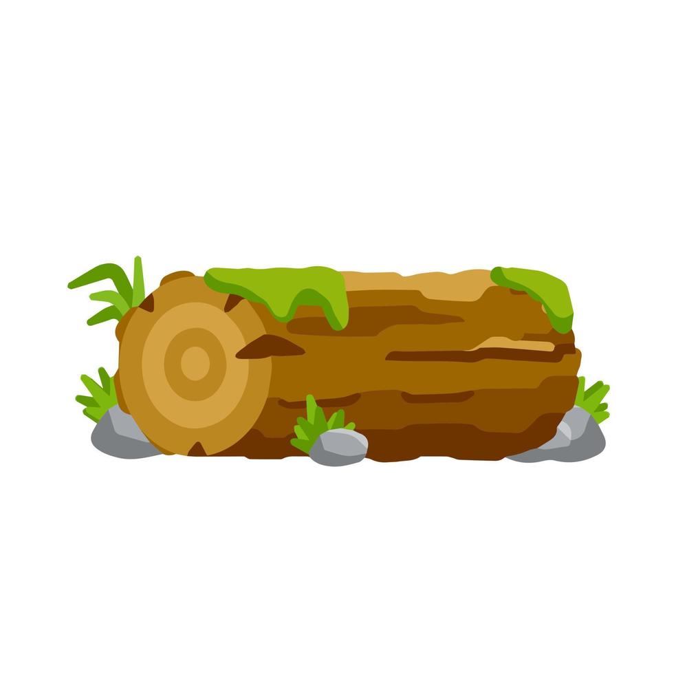 Vector brown log with green moss and stone. Building wood material, natural element. Environment of forest. Set of cartoon illustration