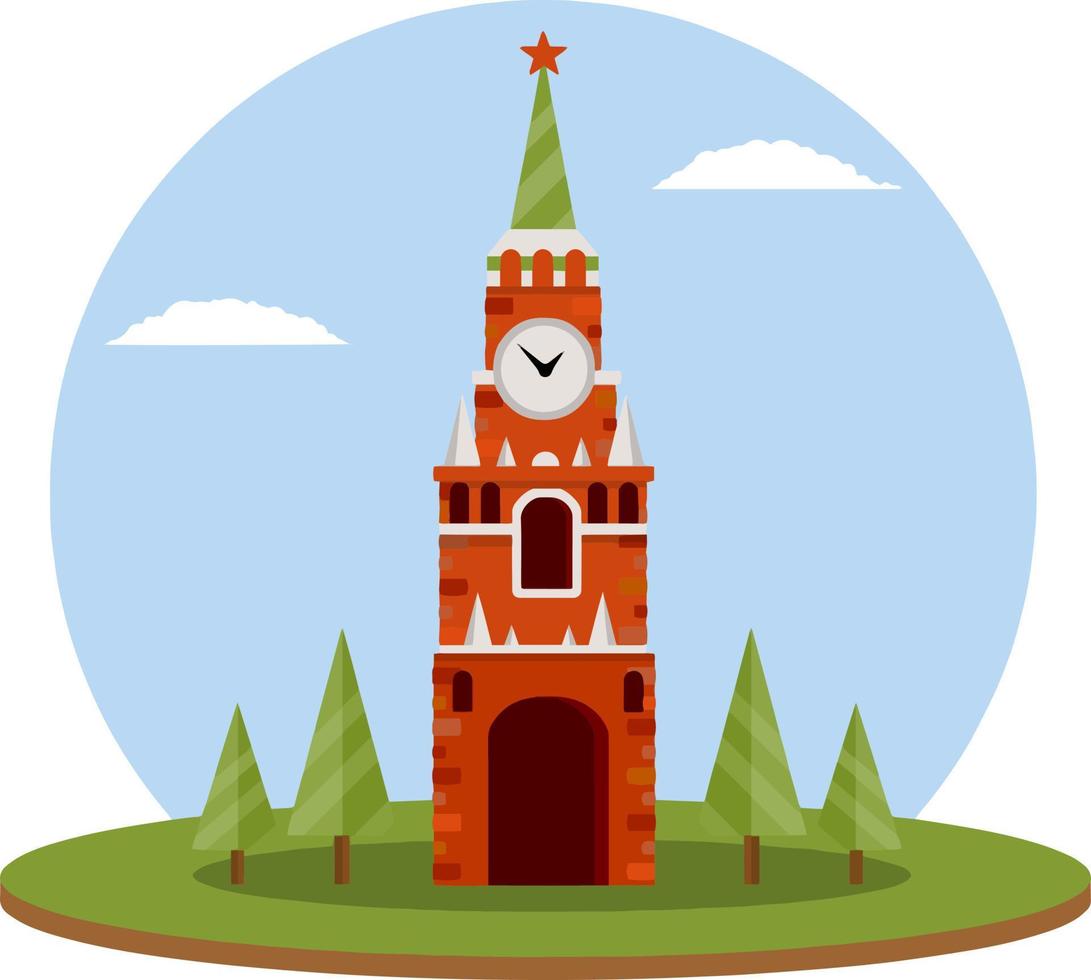 Residence of the Russian President on red square. Moscow's kremlin. Tourist destination for tour to capital. Fortress with a tower and wall. A tourist attraction. Cartoon flat illustration vector