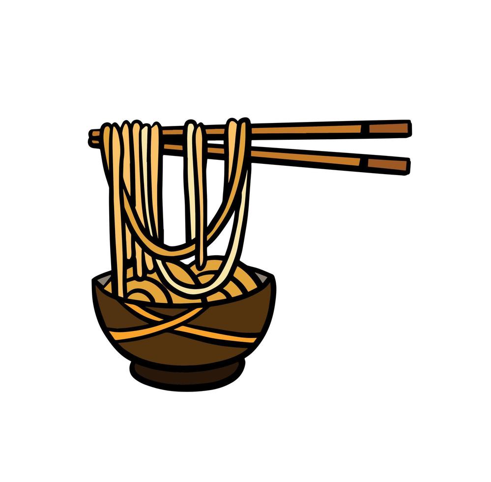 Ramen noodles and wooden sticks in bowl. Chopsticks with long pasta. Asian Japanese and Chinese food. vector