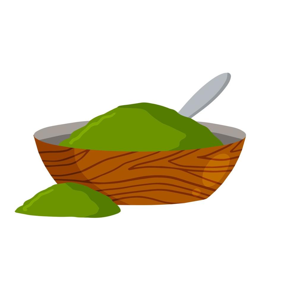 Chlorella. Green algae powder. Organic diet and super food. Flat cartoon illustration isolated on white vector