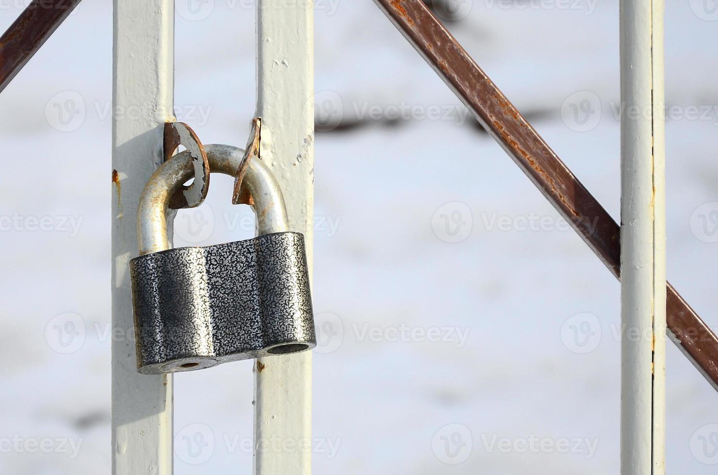 A large gray padlock hangs on a metal gate photo