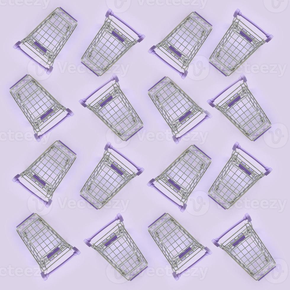 Pattern of many small shopping carts on a violet background. Minimalism flat lay top view photo