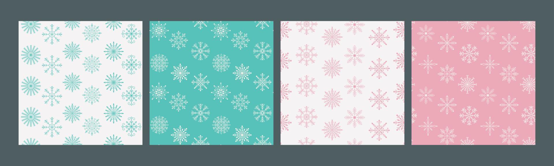 Merry Christmas and Happy New Year set of seamless pattern with various snowflakes. Modern hand draw illustrations. Colorful contemporary art vector
