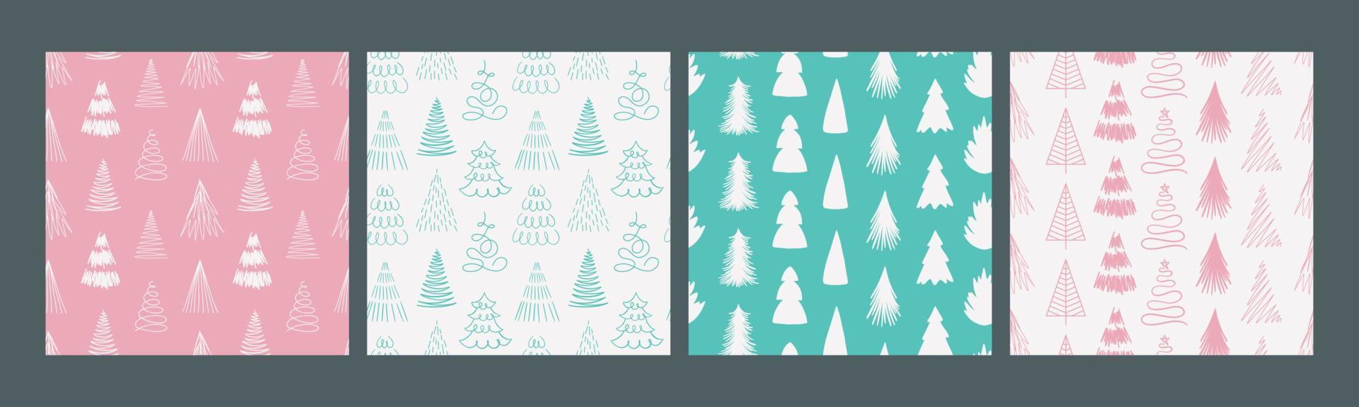 Merry Christmas and Happy New Year set of seamless pattern with various christmas tree. Modern hand draw illustrations. Colorful contemporary art vector