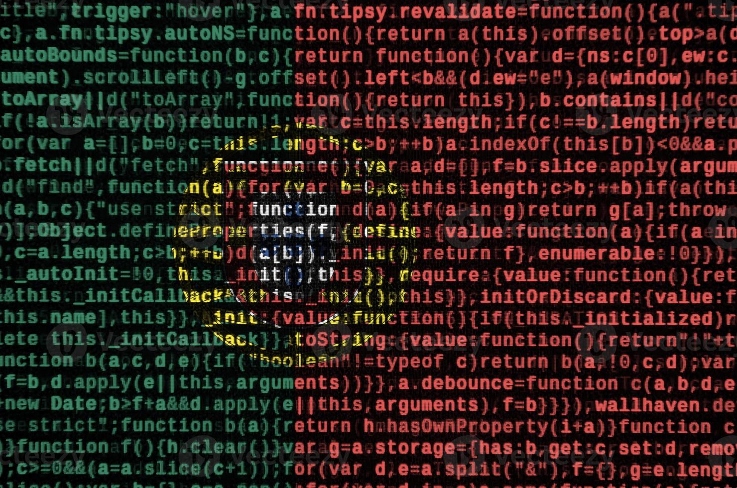 Portugal flag is depicted on the screen with the program code. The concept of modern technology and site development photo