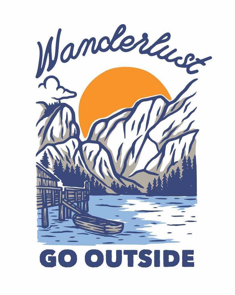 Wilderness vector t shirt graphic design. Mountain and lake vintage artwork for apparel, sticker, batch, background, poster and others.
