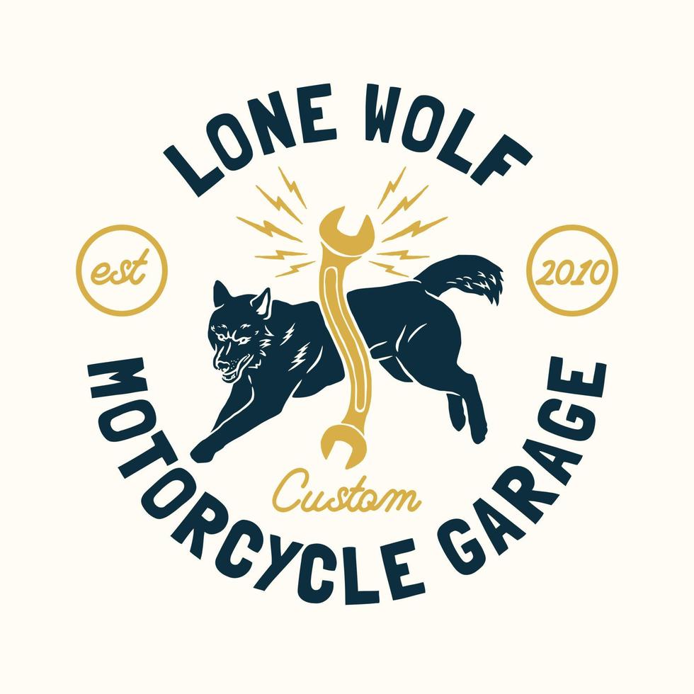 Hand Drawn Vintage style of wolf logo, Motorcycle and garage custom logo badge vector