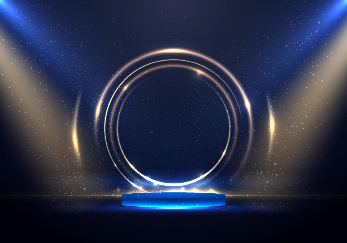 3D podium platform golden ring circles lighting effect backdrop with spotlight on blue stage background vector