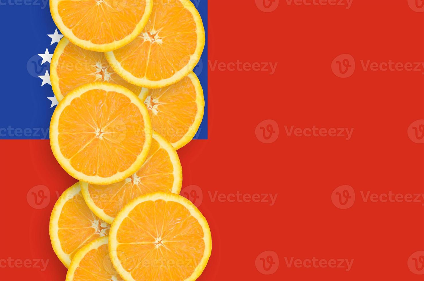 Myanmar flag and citrus fruit slices vertical row photo