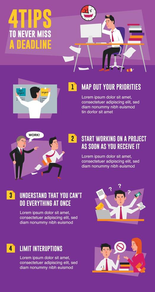 4 Tips to Never Miss a Deadline Infographic vector
