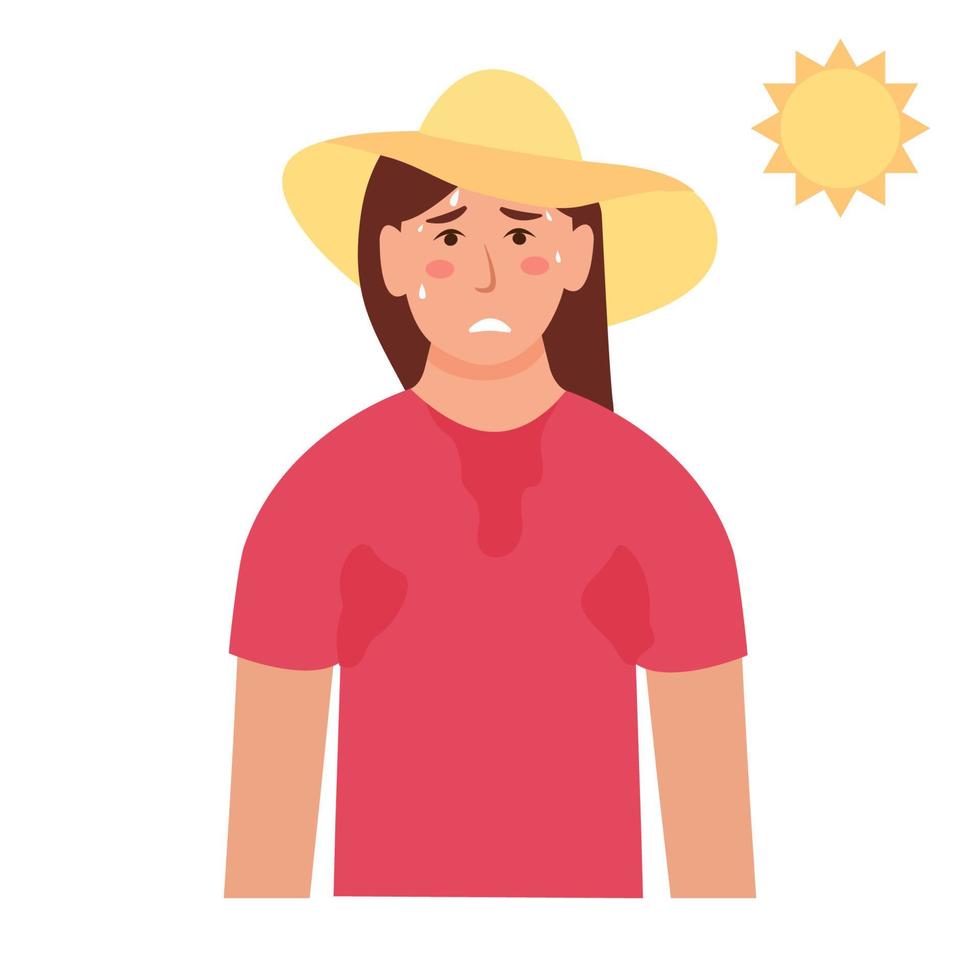 Woman sweating a lot. Girl feels hot and exhausted, sweaty clothes. Vector illustration