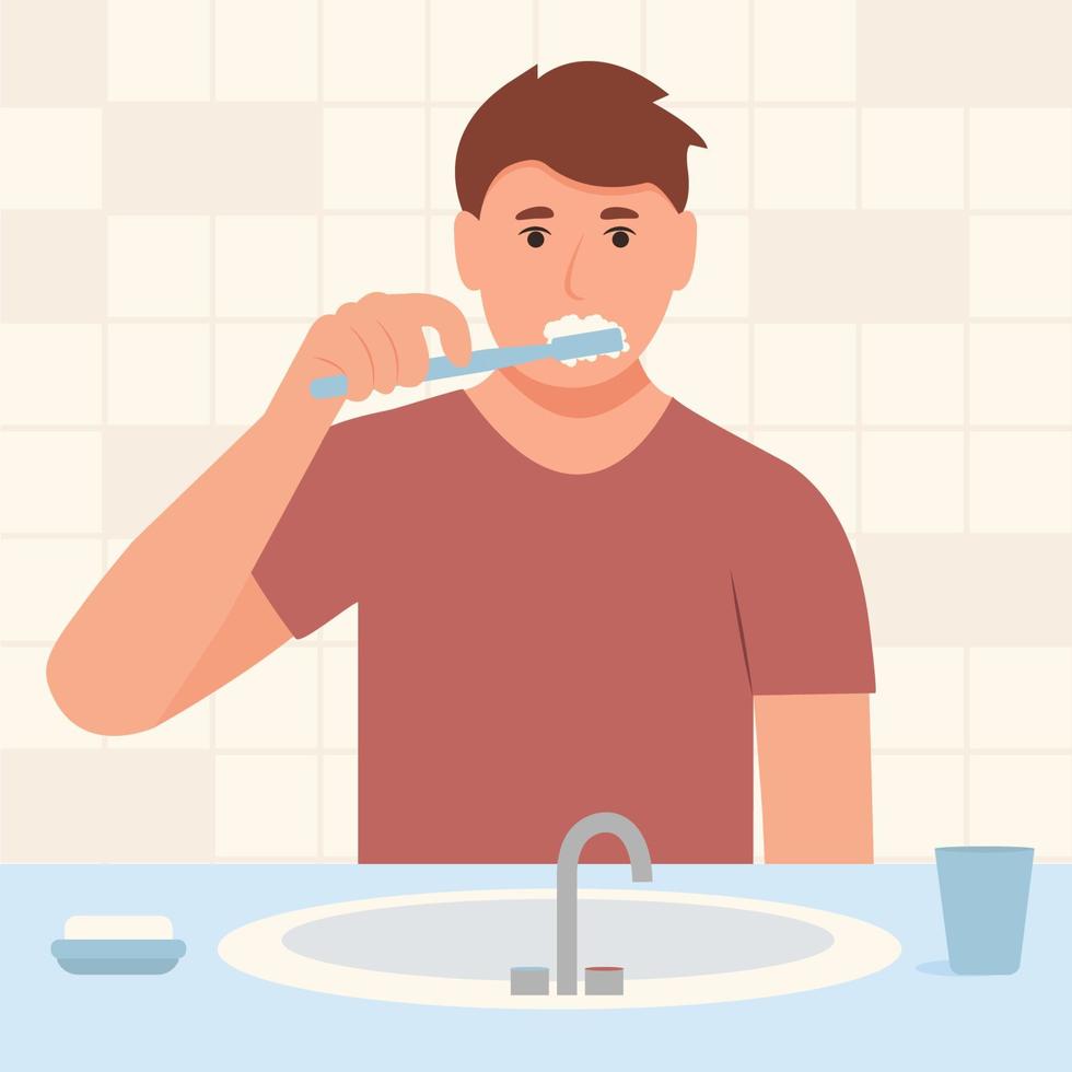 hombre cepillarse los dientes con cepillo de dientes. vector