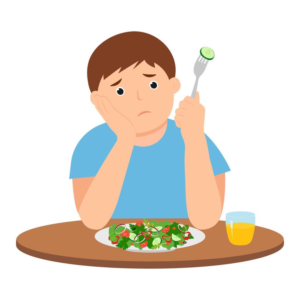 Cute kid do not want eat salad. A sad  child  is sitting at the table with a plate of salad. Vector illustration