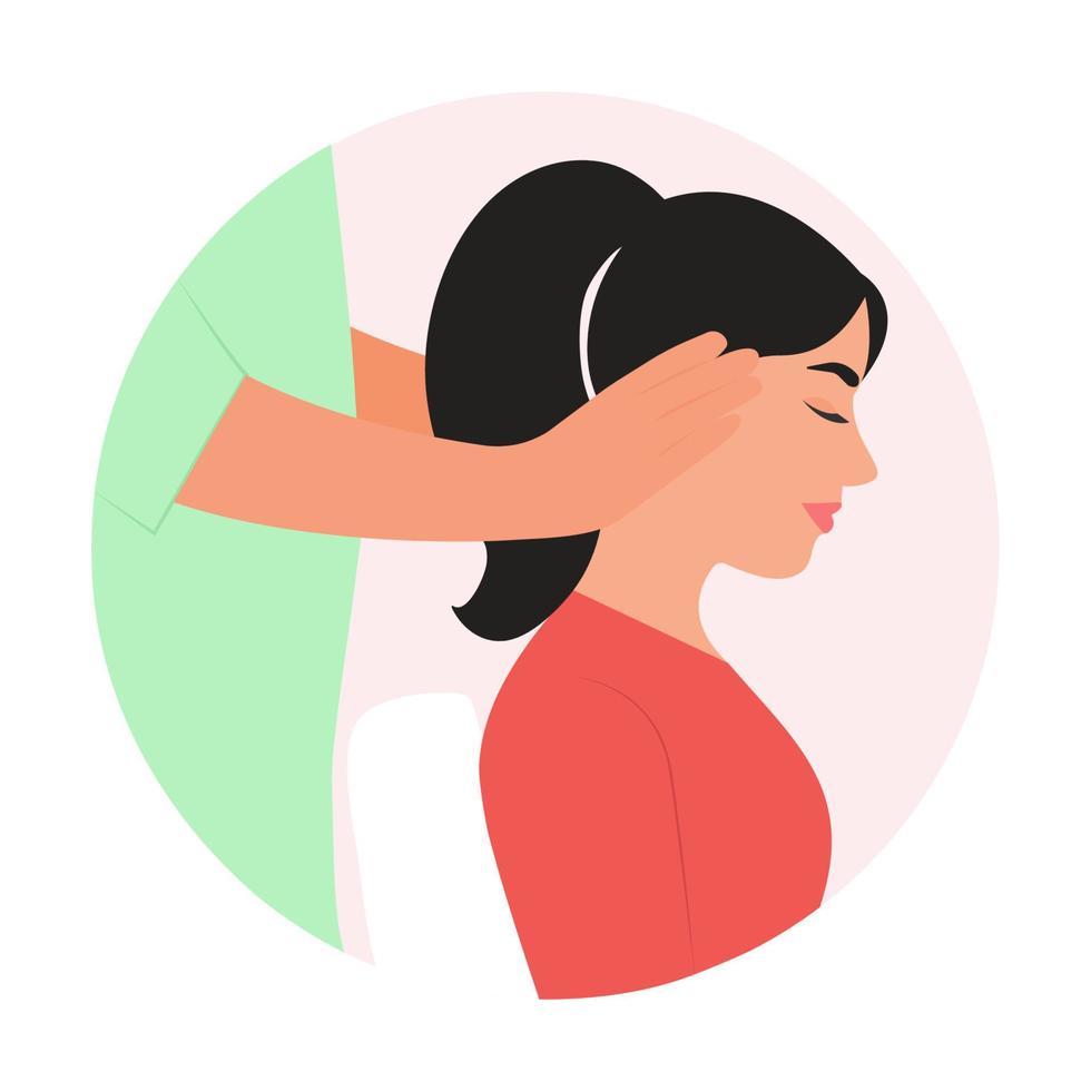 masajista masajeando el cuero cabelludo del cabello. mujer relajándose en spa.masaje de aromaterapia y spa en casa o salón de belleza para la circulación sanguínea. cuidado de la salud y relajación de la cabeza. vector