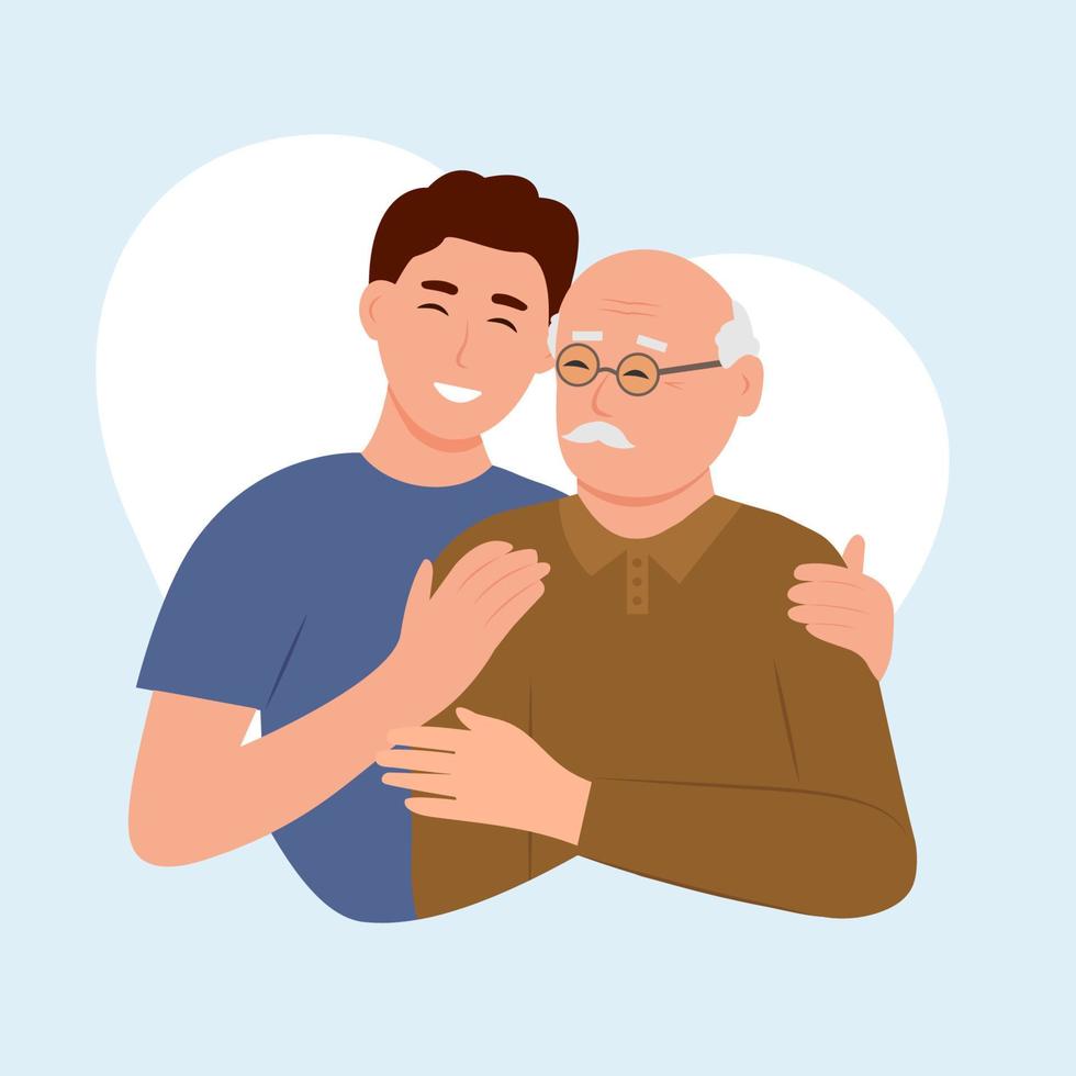 joven feliz abrazando a su anciano padre con amor. padre e hijo. día del padre. retrato de un joven abrazando a su abuelo. relación familiar amistosa. ilustración plana vectorial vector