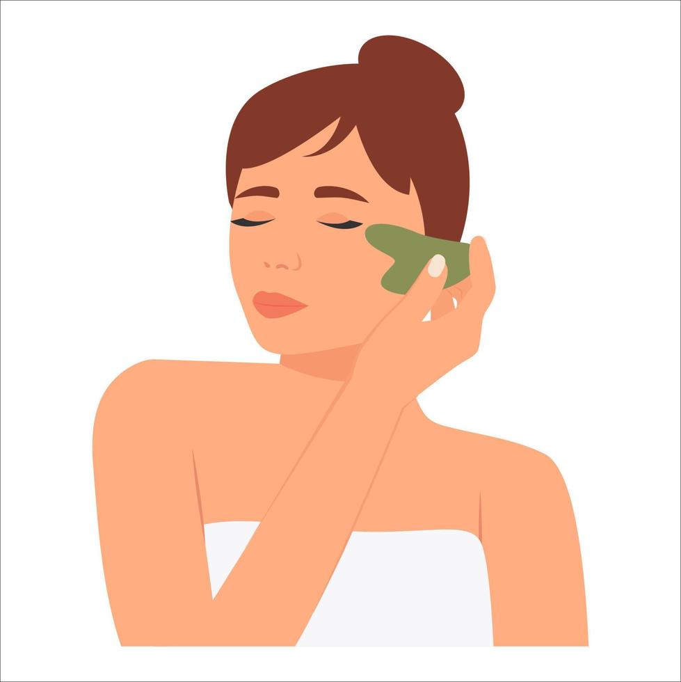 la joven cuida su rostro. ella usa un raspador de gouache de jade para el masaje. tratamiento de belleza de moda de estiramiento facial. concepto de belleza y autocuidado, ilustración de vector plano de cuidado facial de spa en el hogar.