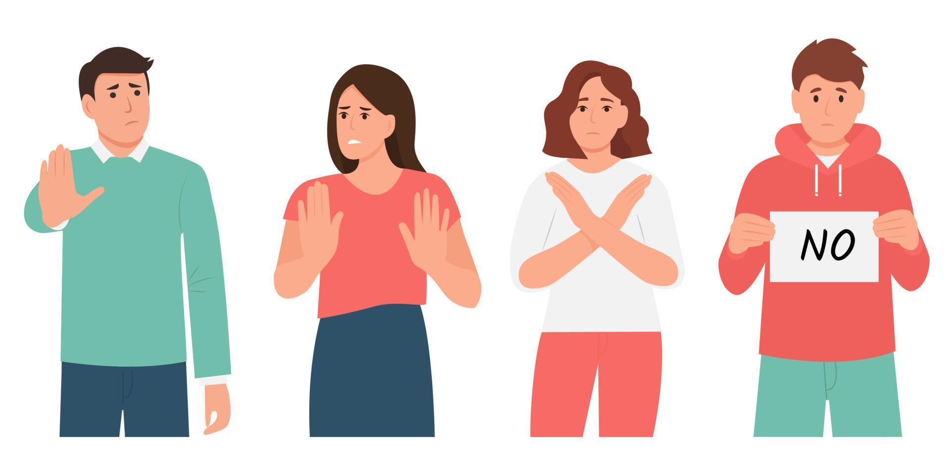 People expressing rejection.Finger language, non verbal communication.Men and women rejecting something with stop hand gesture.Vector illustration vector