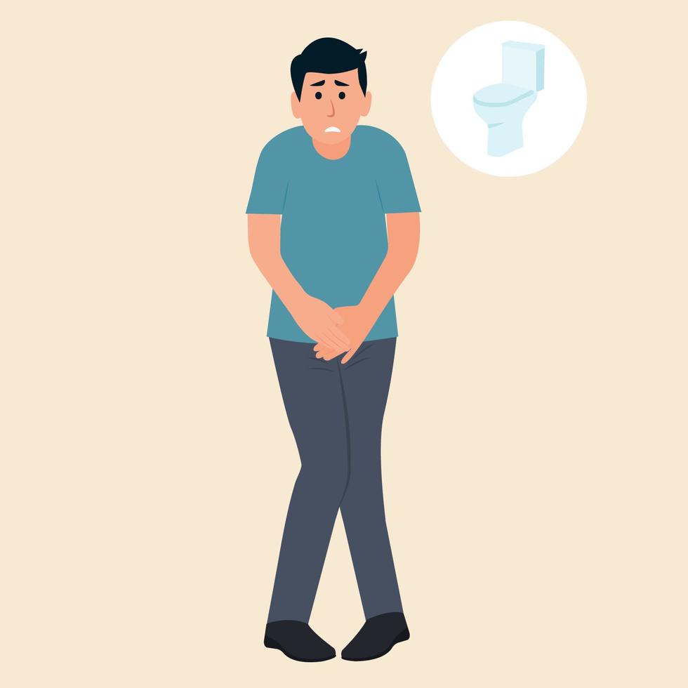 Stressed man standing and want to pee.  Anxious guy  with a full bladder need a toilet, desperation and stress. Vector illustration.