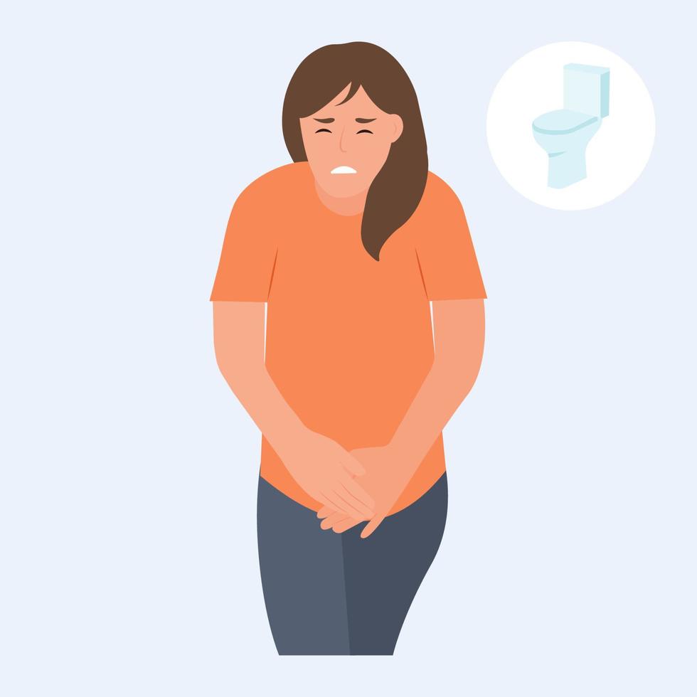 Stressed woman standing and want to pee.  Anxious girl  with a full bladder need a toilet, desperation and stress. Vector illustration.