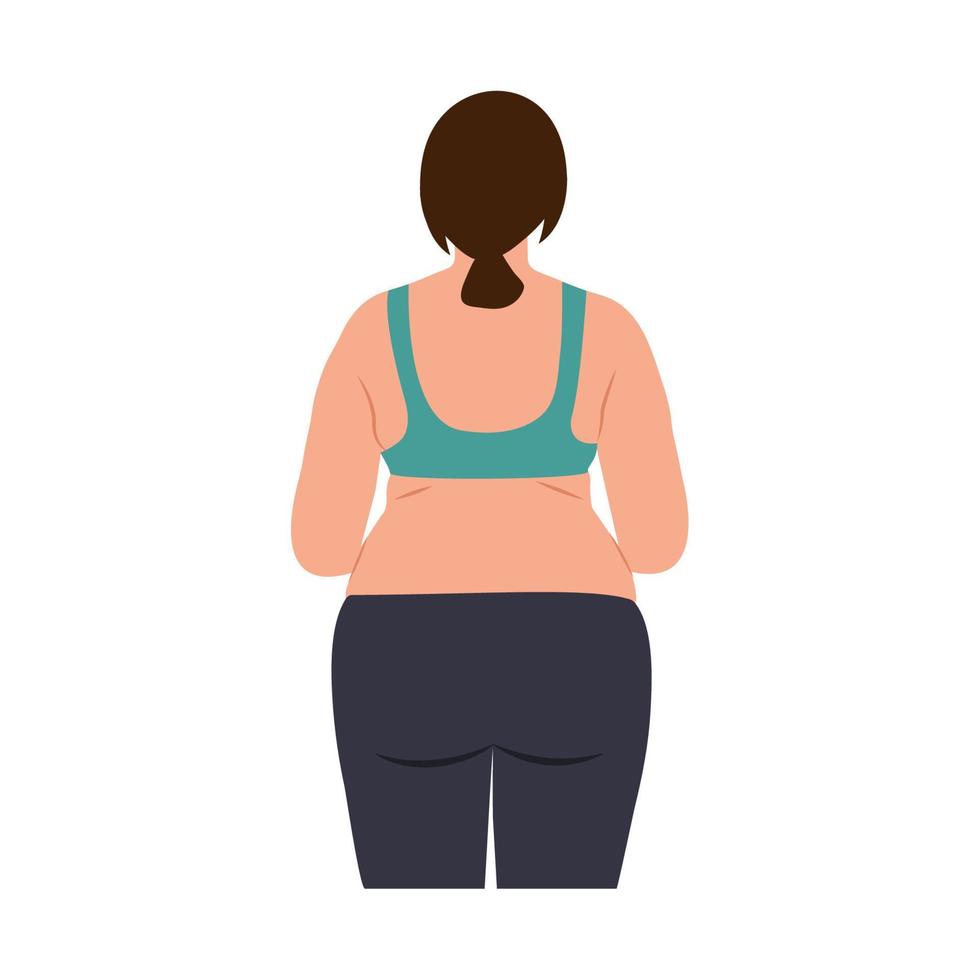 mujer joven con sobrepeso en ropa deportiva. obesidad mujer. vista trasera. vector