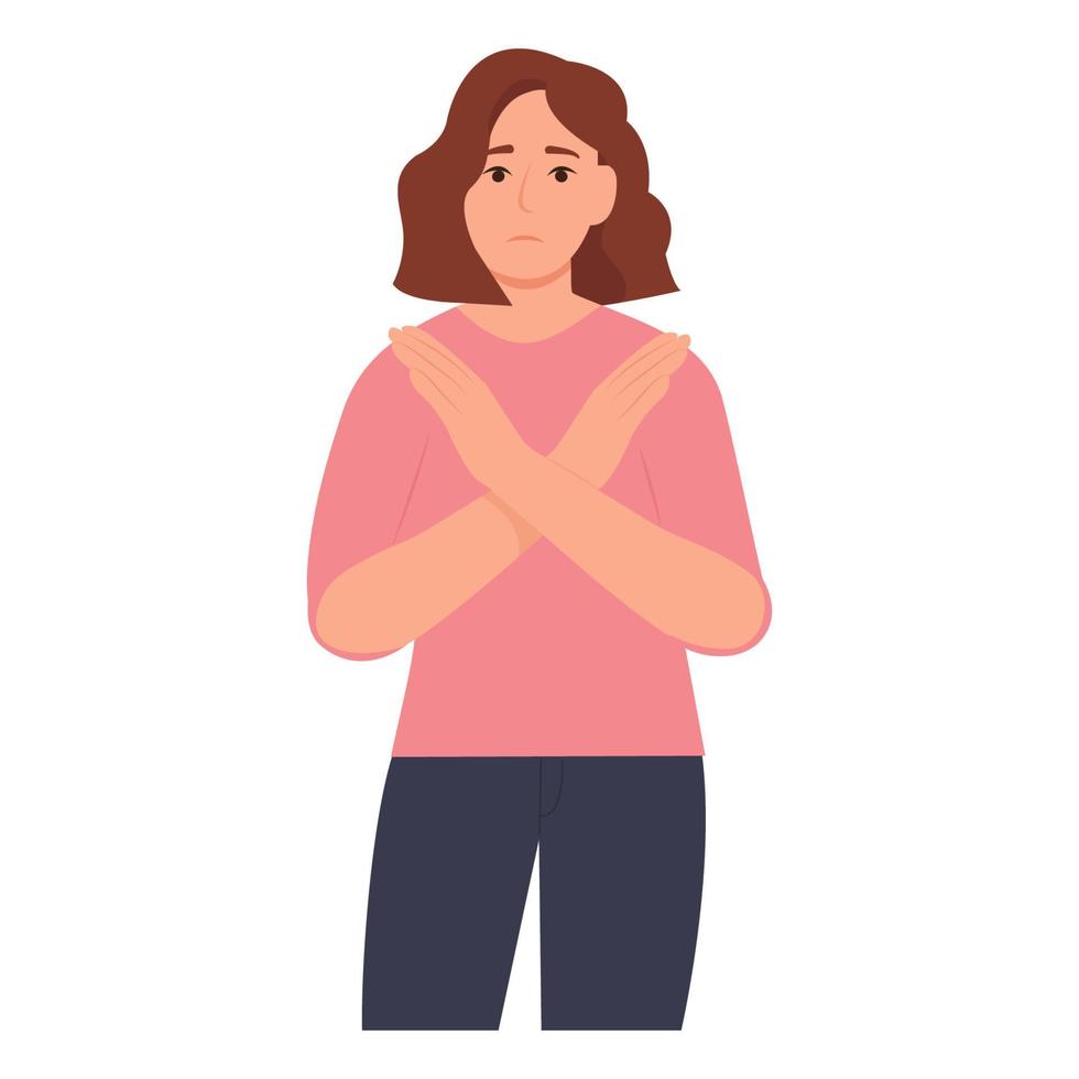 Woman  Showing Refusal or Stop Gesture with Crossed hands.Expressing Negative Emotions, Communication, Disagree Feelings Gesturing. Vector Illustration