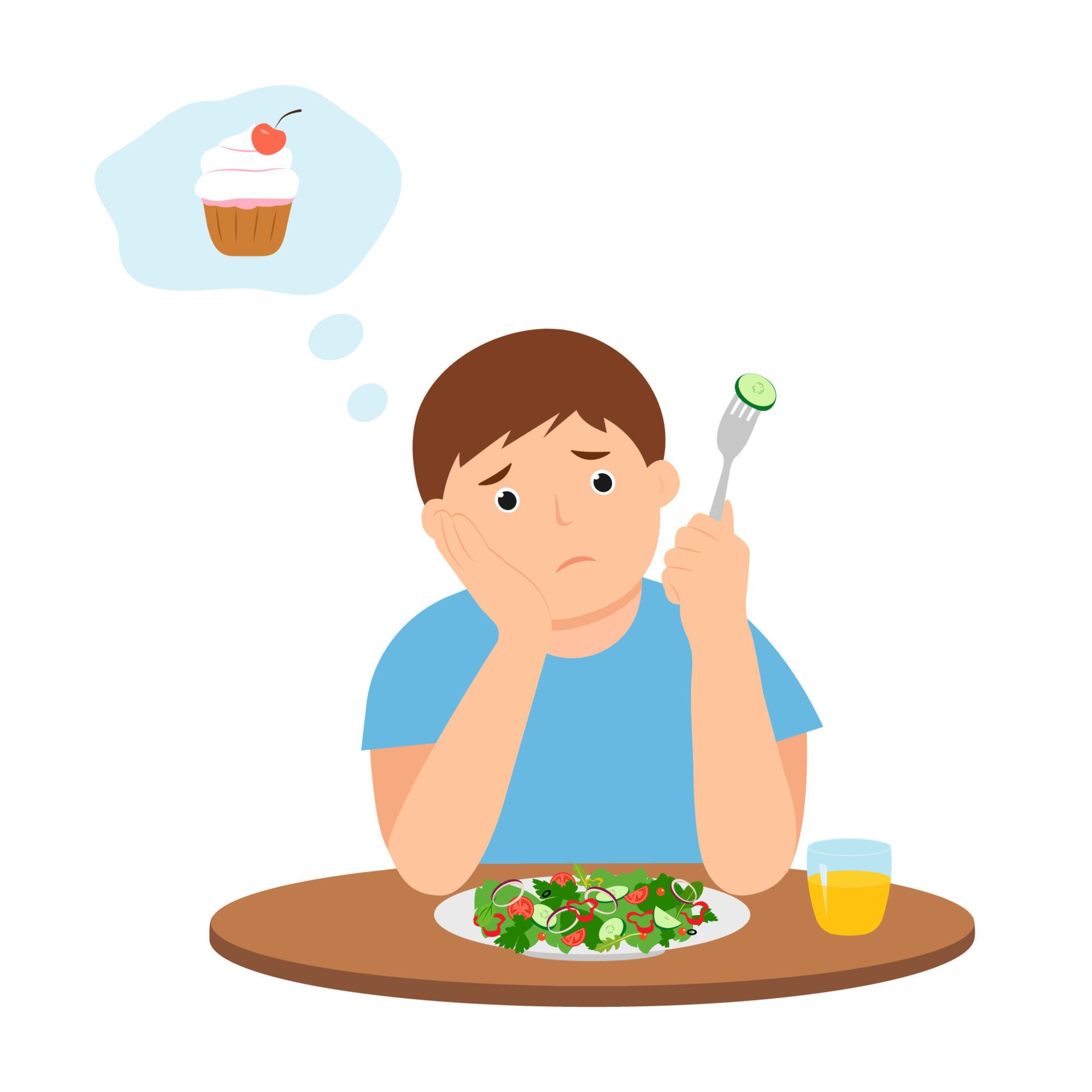 Cute kid do not want eat salad. Boy is dreaming about  sad child is  sitting at the table with a plate of salad. Vector illustration 13996912  Vector Art at Vecteezy