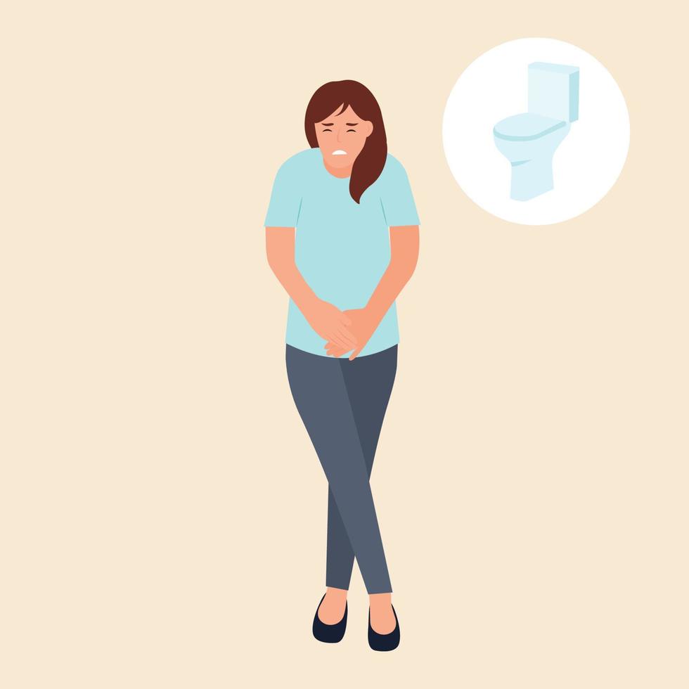 Woman standing and want to pee. Person with a full bladder need a