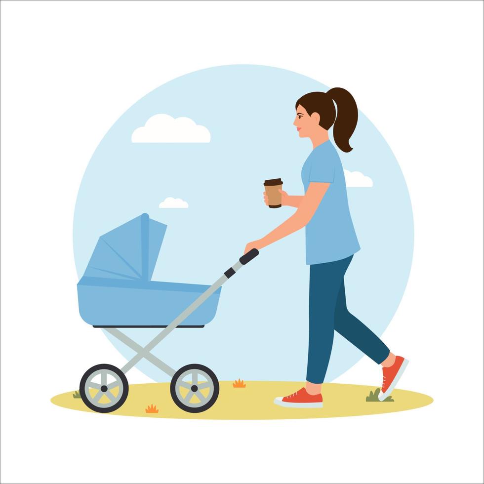 Woman walking with baby stroller. Healthy habits and lifestyle.  Flat cartoon vector illustration