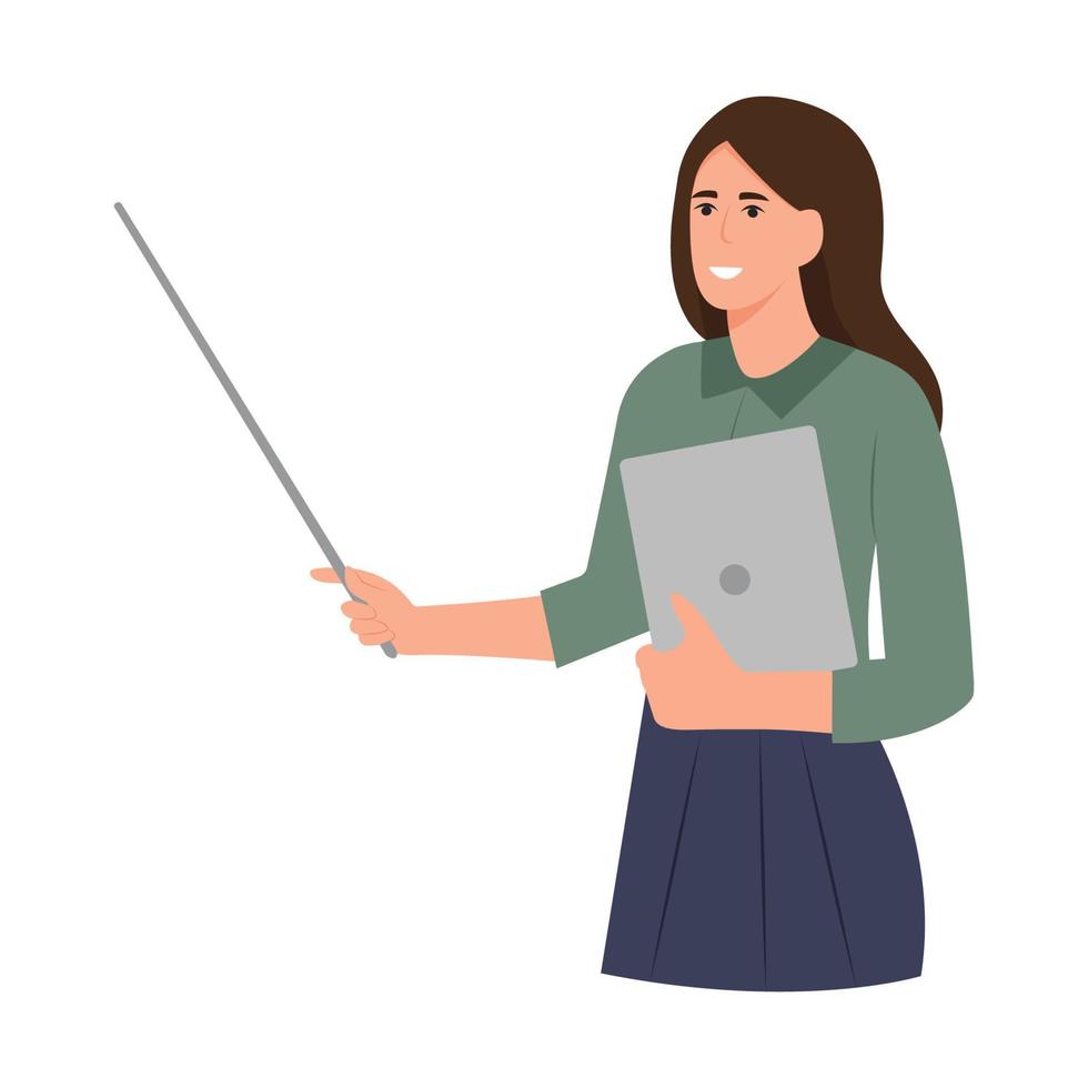 Woman with pointer. Concept of presentation, announcement, showing. Vector illustration isolated