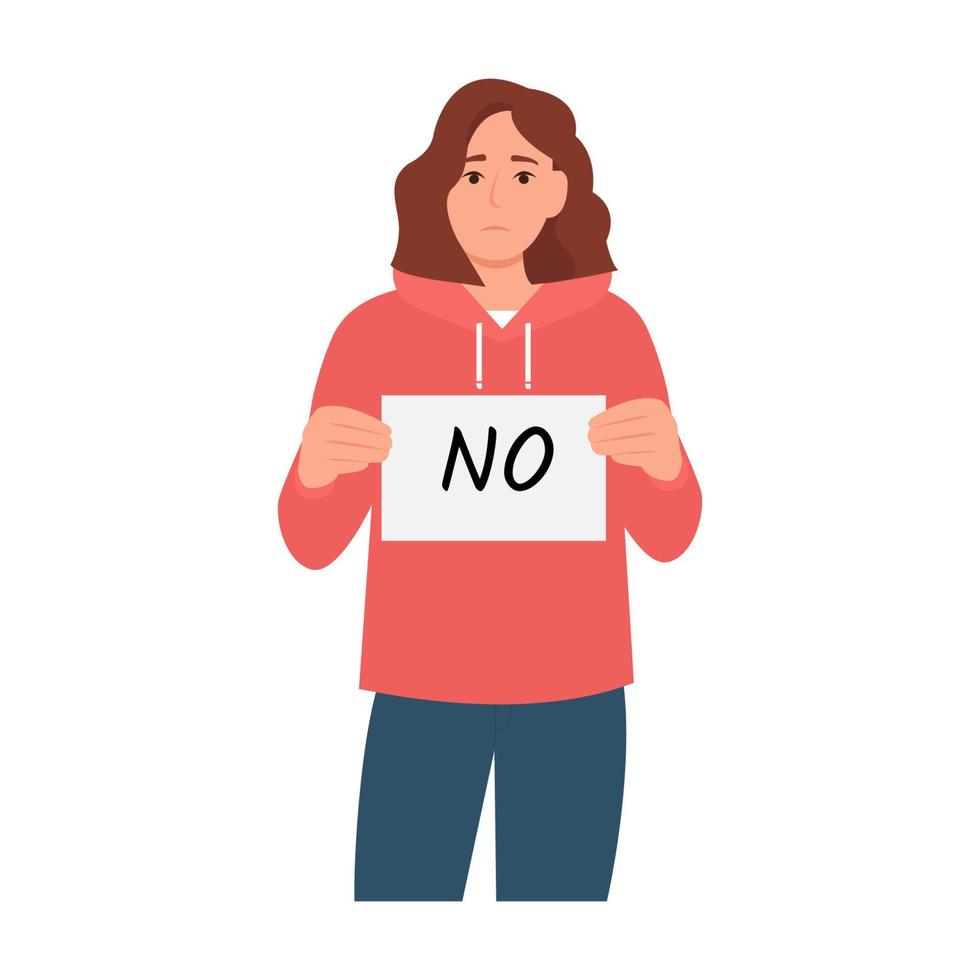 Girl holding a sign that says No. Woman expressing rejection.  Flat vector illustration isolated on white background