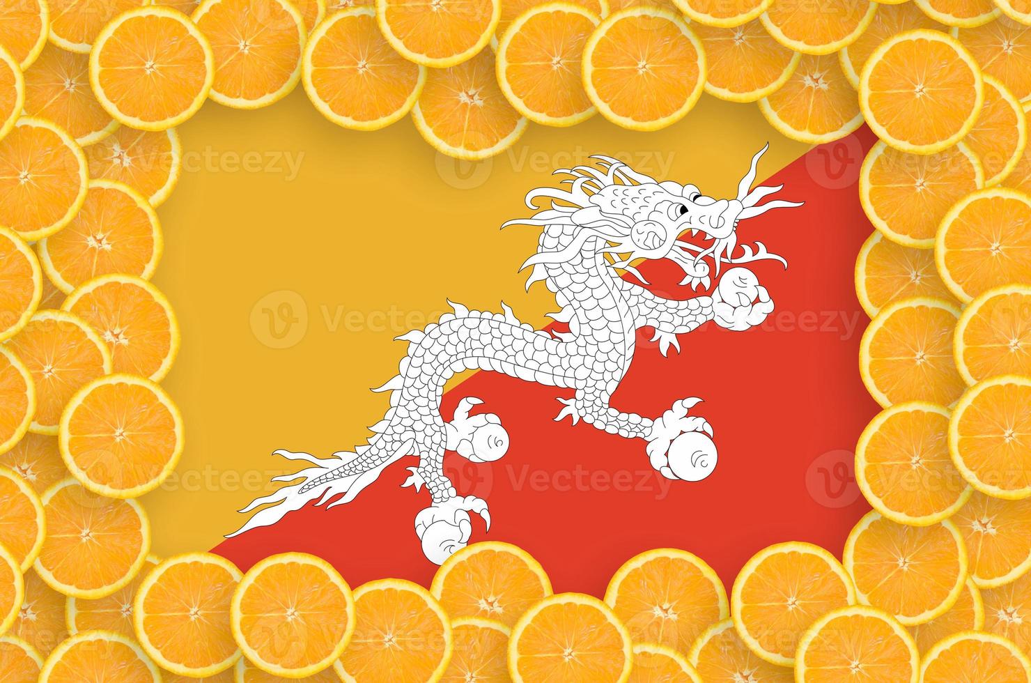 Bhutan flag in fresh citrus fruit slices frame photo