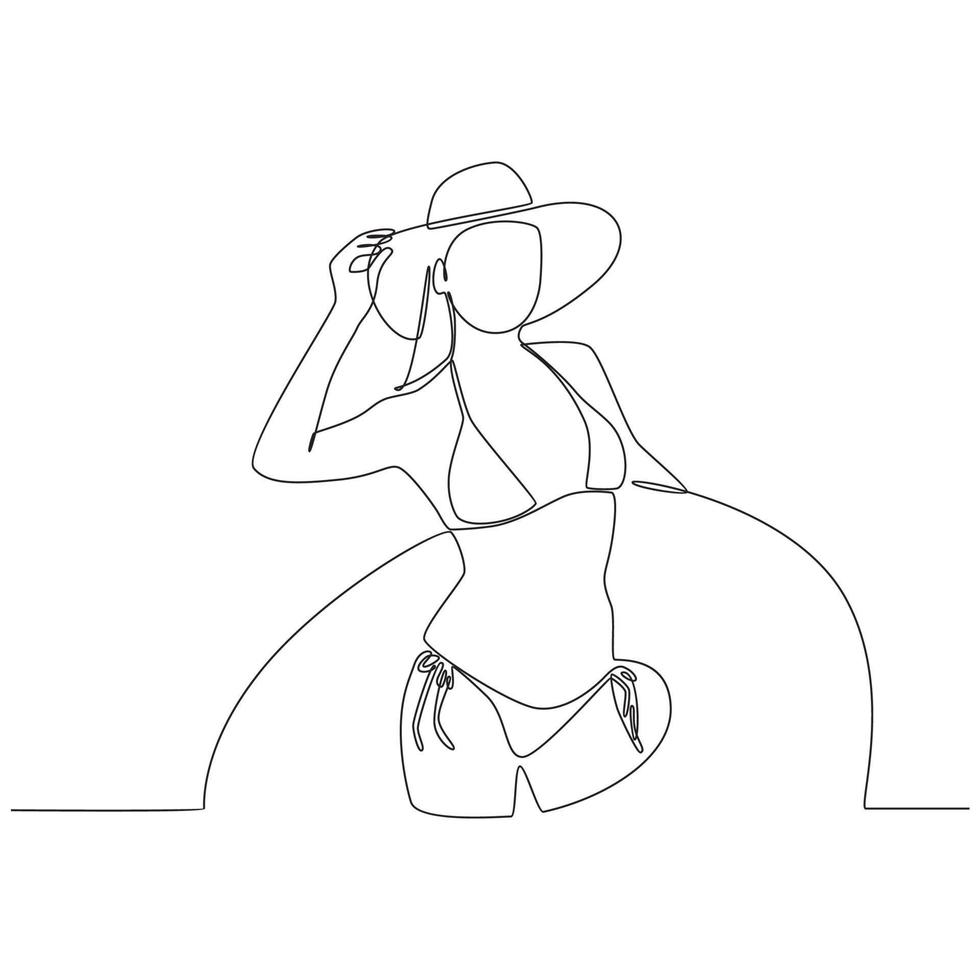 Woman Wearing Bikini and Carrying Swimming Tires on the Beach Continuous Line Drawing Vector Illustration
