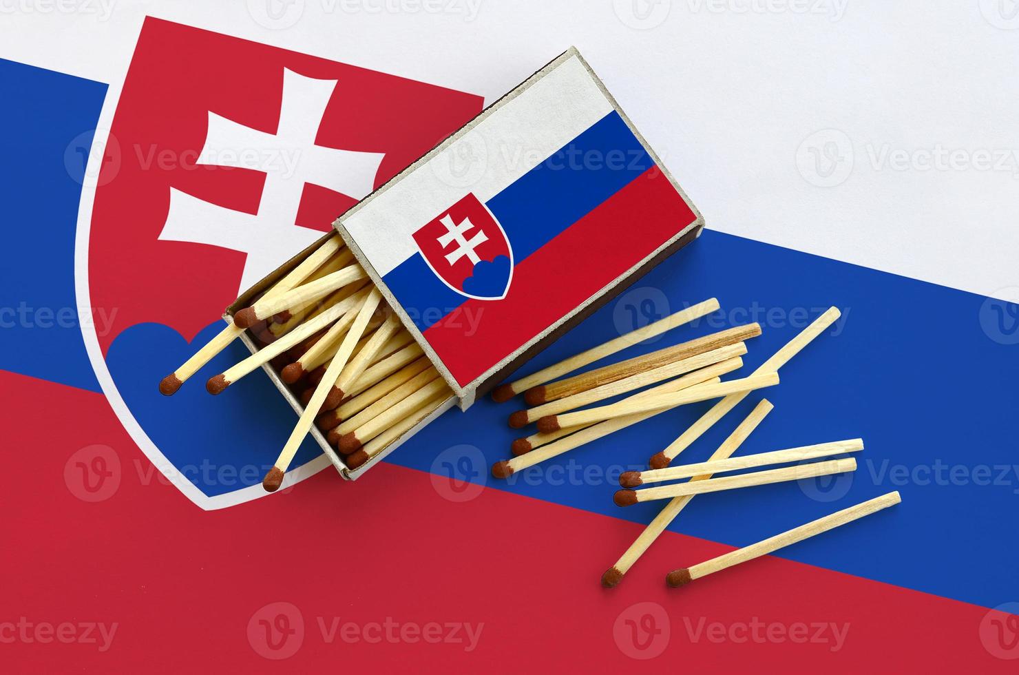 Slovakia flag is shown on an open matchbox, from which several matches fall and lies on a large flag photo