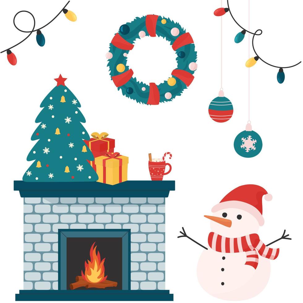 tarjeta de navidad con chimenea y muñeco de nieve vector