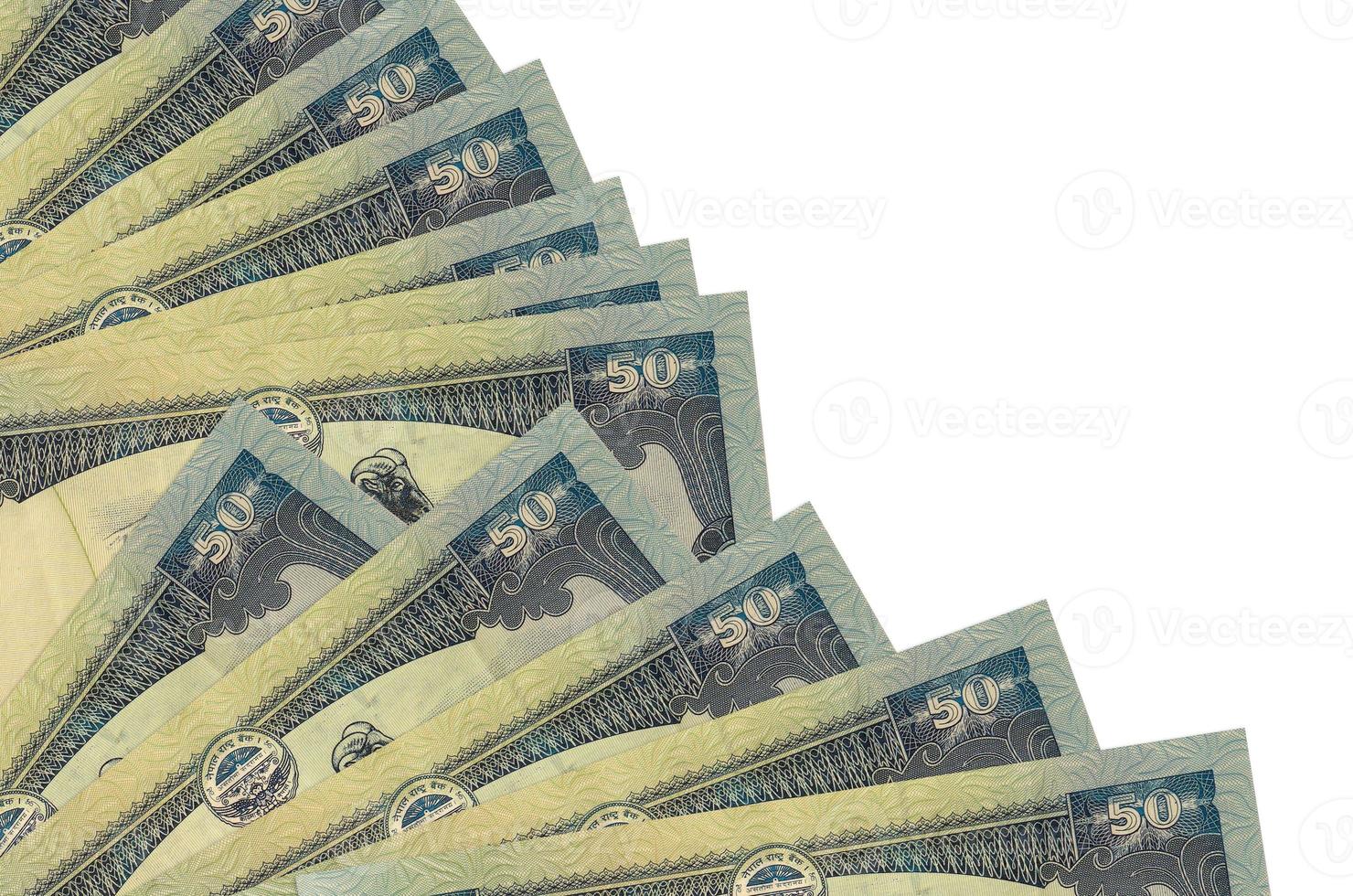 50 Nepalese rupees bills lies isolated on white background with copy space stacked in fan close up photo