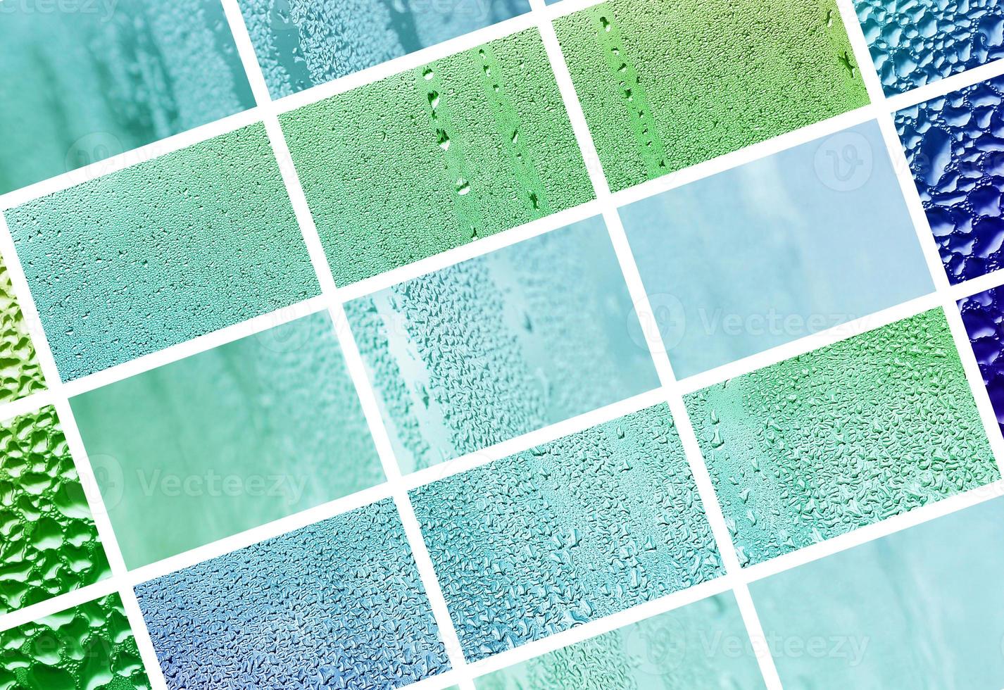 A collage of many different fragments of glass, decorated with rain drops from the condensate. Spring tones with green and blue colors photo