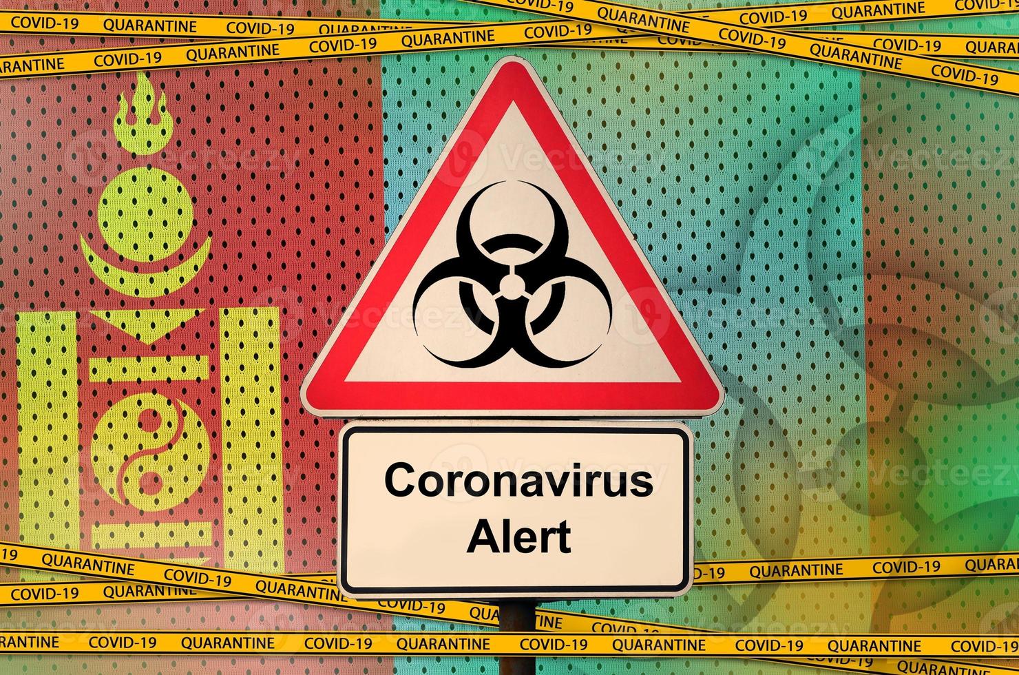 Mongolia flag and Covid-19 biohazard symbol with quarantine orange tape. Coronavirus or 2019-nCov virus concept photo