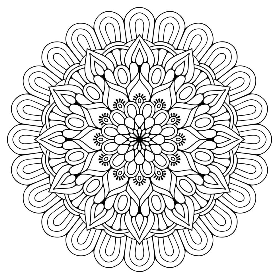 página para colorear con mandala redonda en blanco y negro con patrón floral con flor en el centro vector