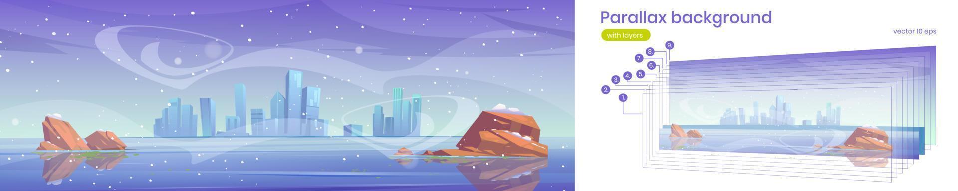 Parallax background winter city skyline frozen bay vector