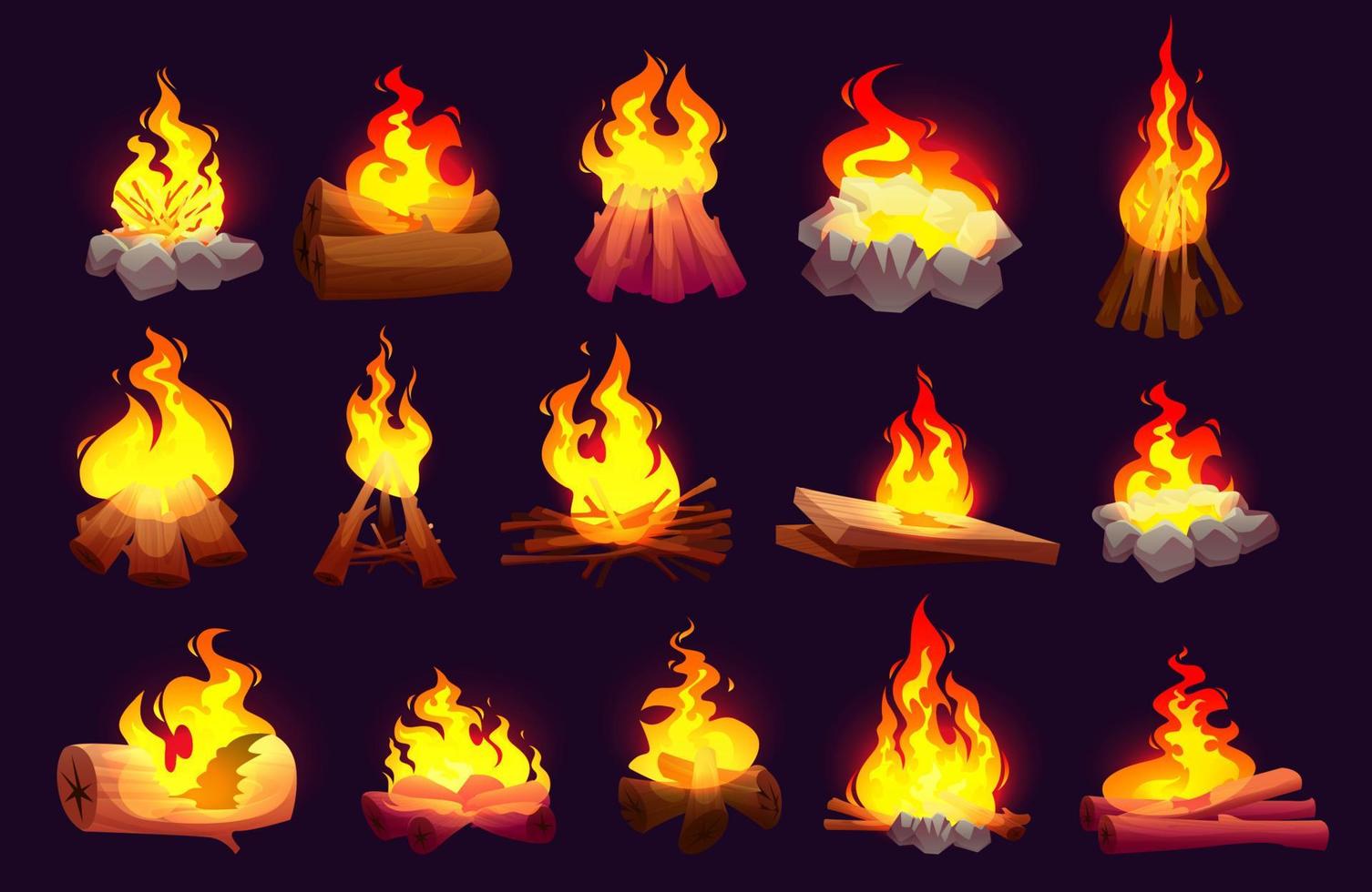 Set of burning fire flames, campfire with logs vector