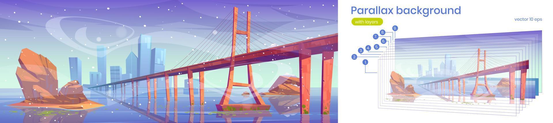 Parallax background with winter lake with bridge vector